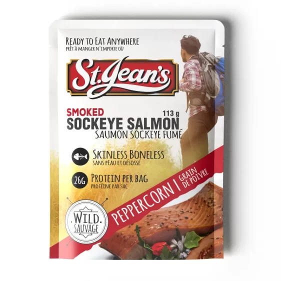 Peppercorn smoked salmon in a travel ready pouch