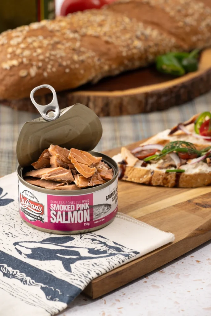 stjeans smoked wild pink salmon can on board snack style