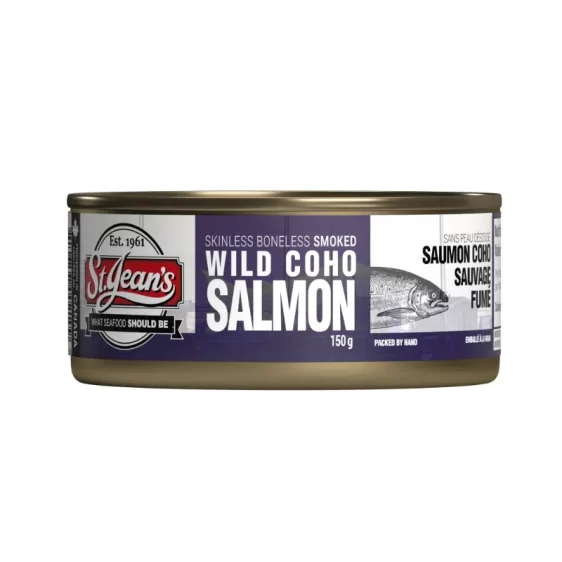 Front view of canned smoked wild coho salmon on a white background