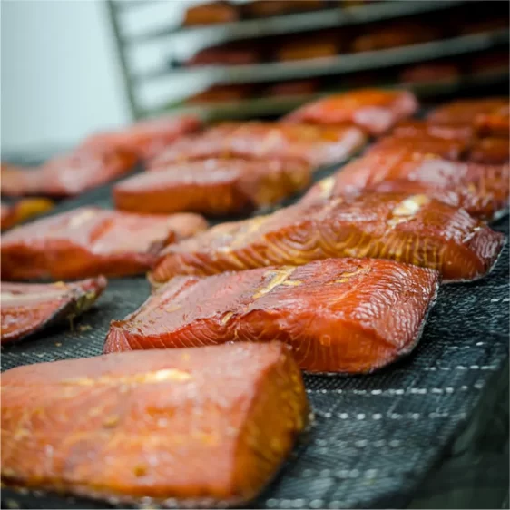 Hot Smoked Wild Salmon on smokehouse racks