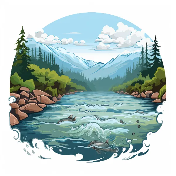 Illustration of west coast river with salmon swimming